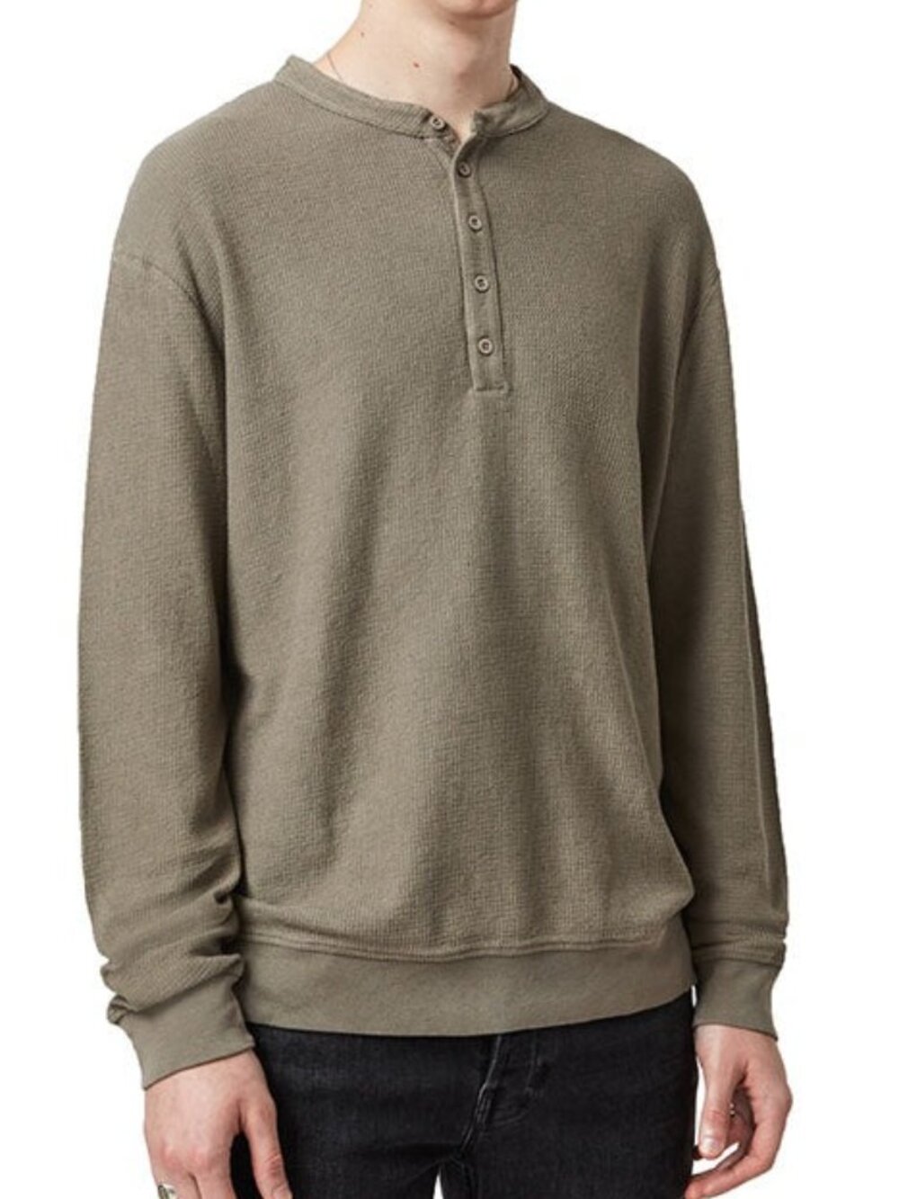AllSaints Olive Green Waffle Knit Relaxed Fit Long Sleeve Henley/5692